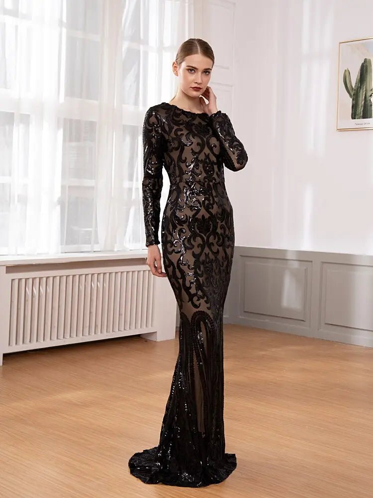 Elegant Vestido Full Sleeved Sequined Maxi Dress - Mscooco.co.uk