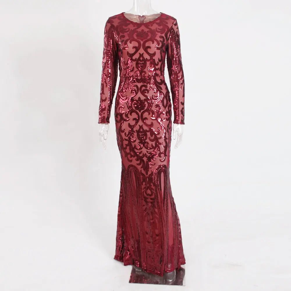 Elegant Vestido Full Sleeved Sequined Maxi Dress - Mscooco.co.uk