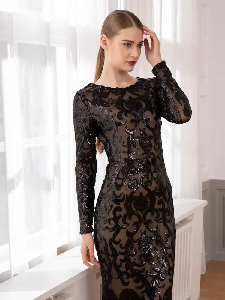 Elegant Vestido Full Sleeved Sequined Maxi Dress - Mscooco.co.uk