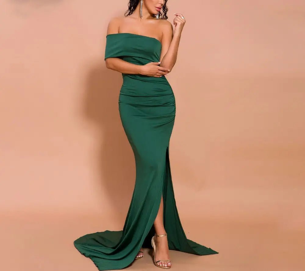 Emerald Off Shoulder High Split Maxi Dress - Mscooco.co.uk