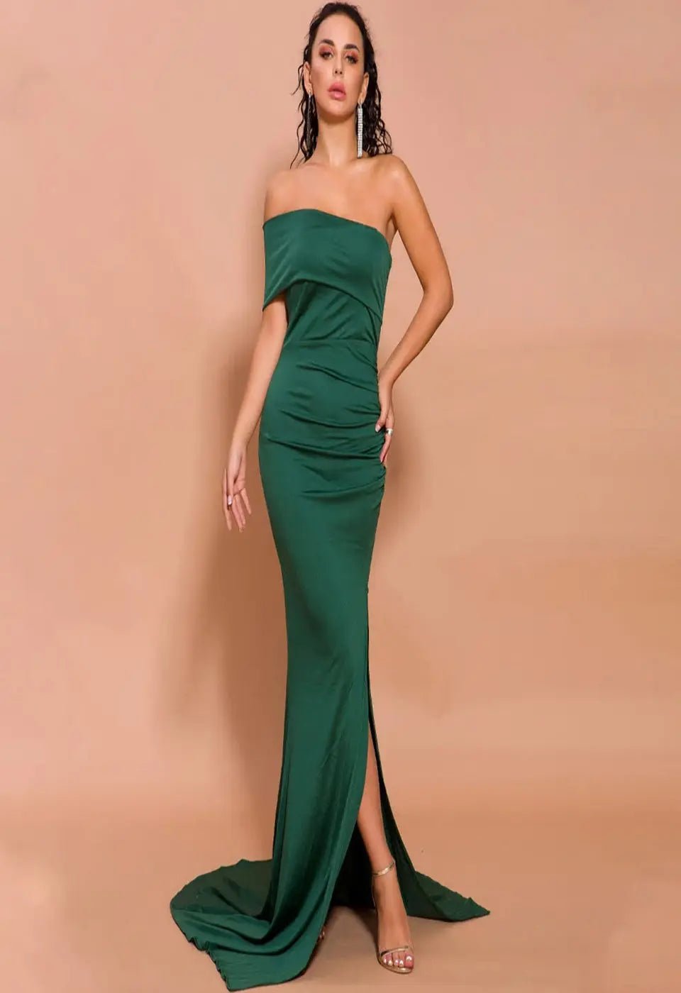 Emerald Off Shoulder High Split Maxi Dress - Mscooco.co.uk