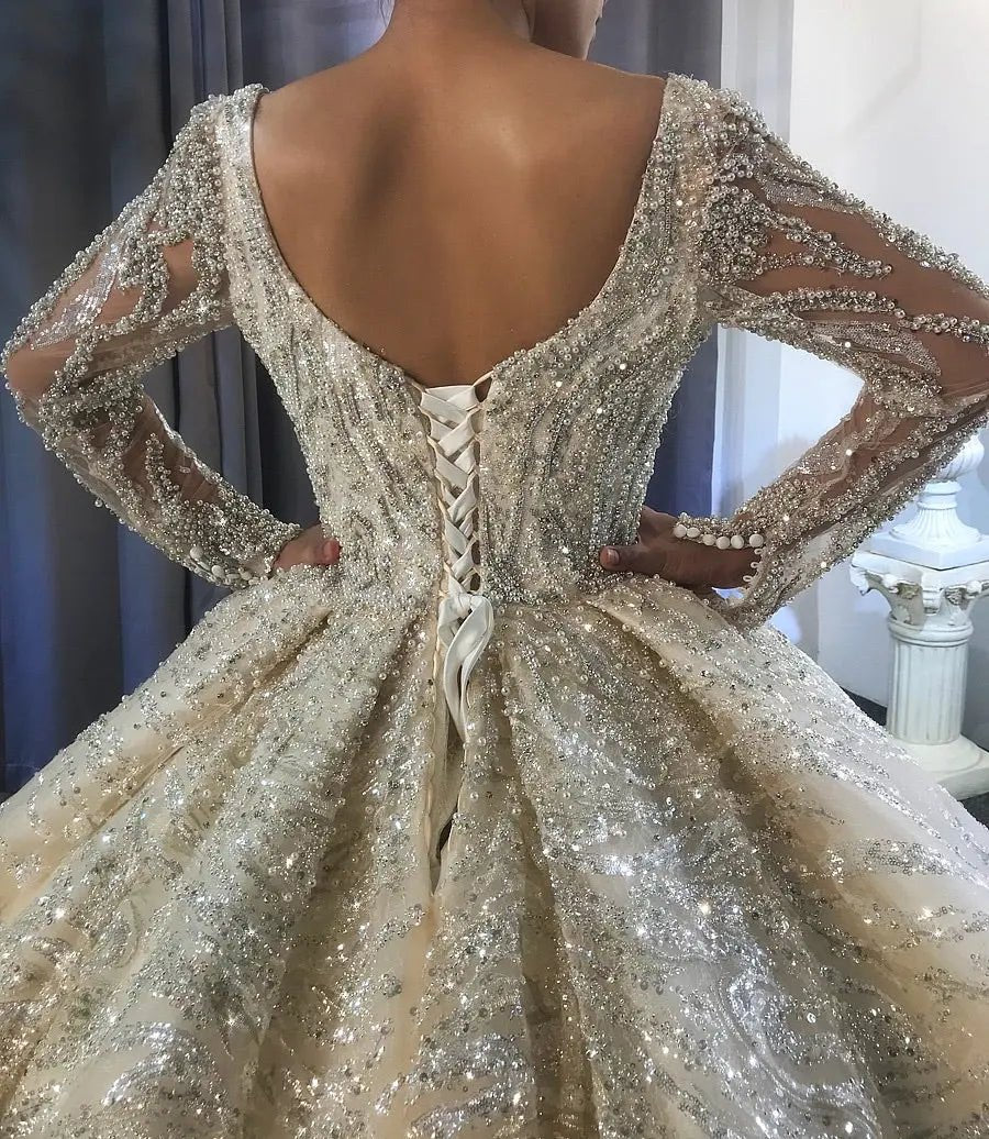 Full Beading With Long Sleeves Bridal Dress - Mscooco.co.uk