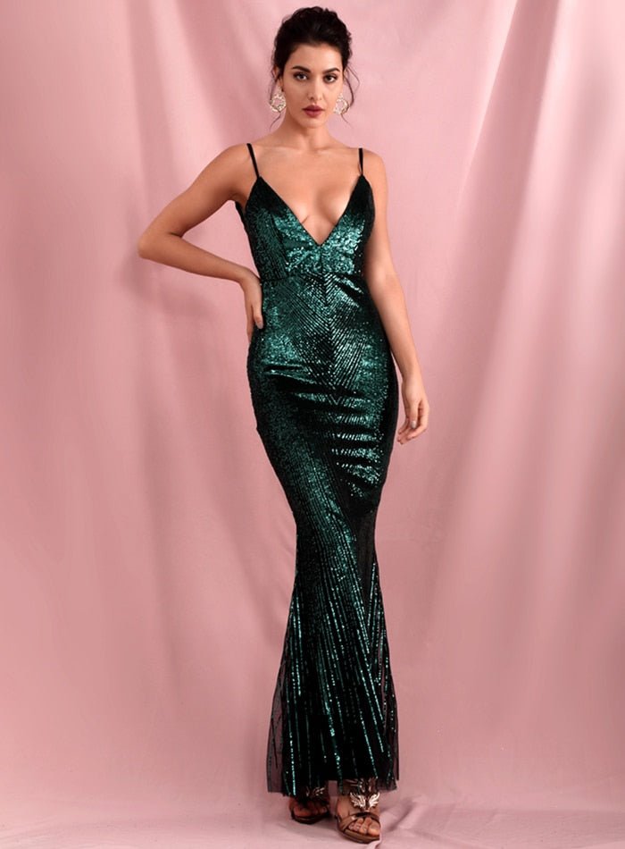 Geometric Sequins Slim Fit Open Back Fishtail Maxi Dress - Mscooco.co.uk
