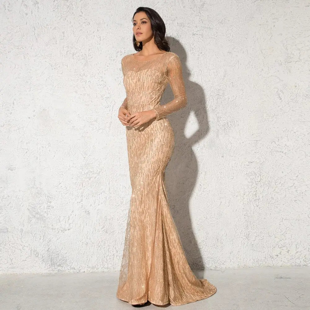 Gold Glittered Full Sleeved Floor Length Shiny Long Dress - Mscooco.co.uk