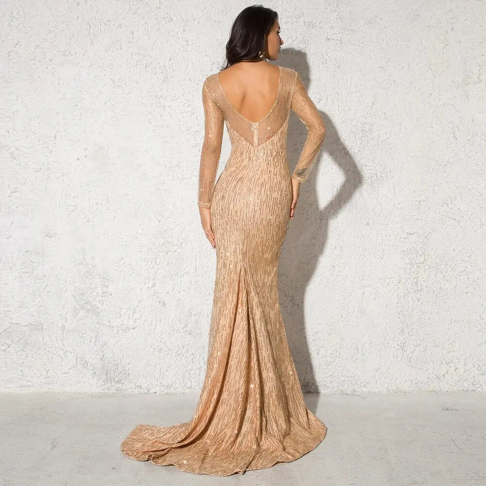 Gold Glittered Full Sleeved Floor Length Shiny Long Dress - Mscooco.co.uk