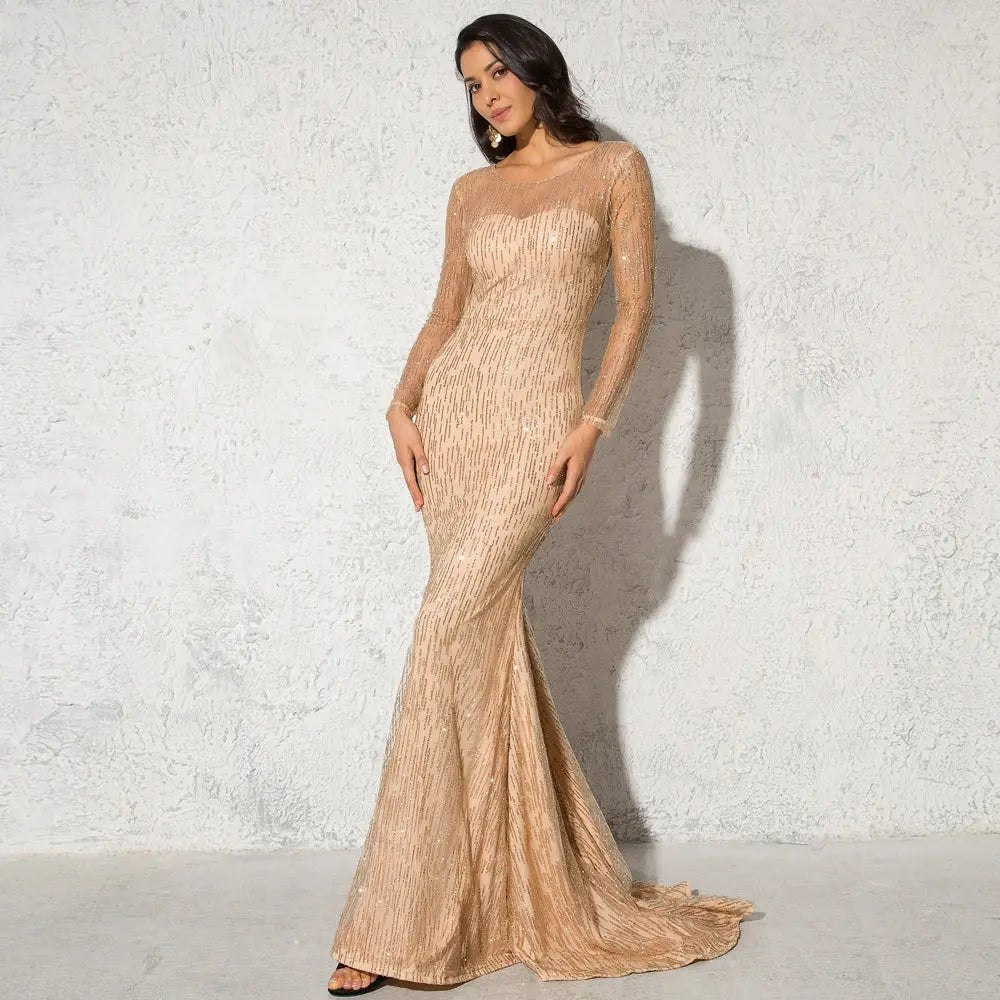 Gold Glittered Full Sleeved Floor Length Shiny Long Dress - Mscooco.co.uk