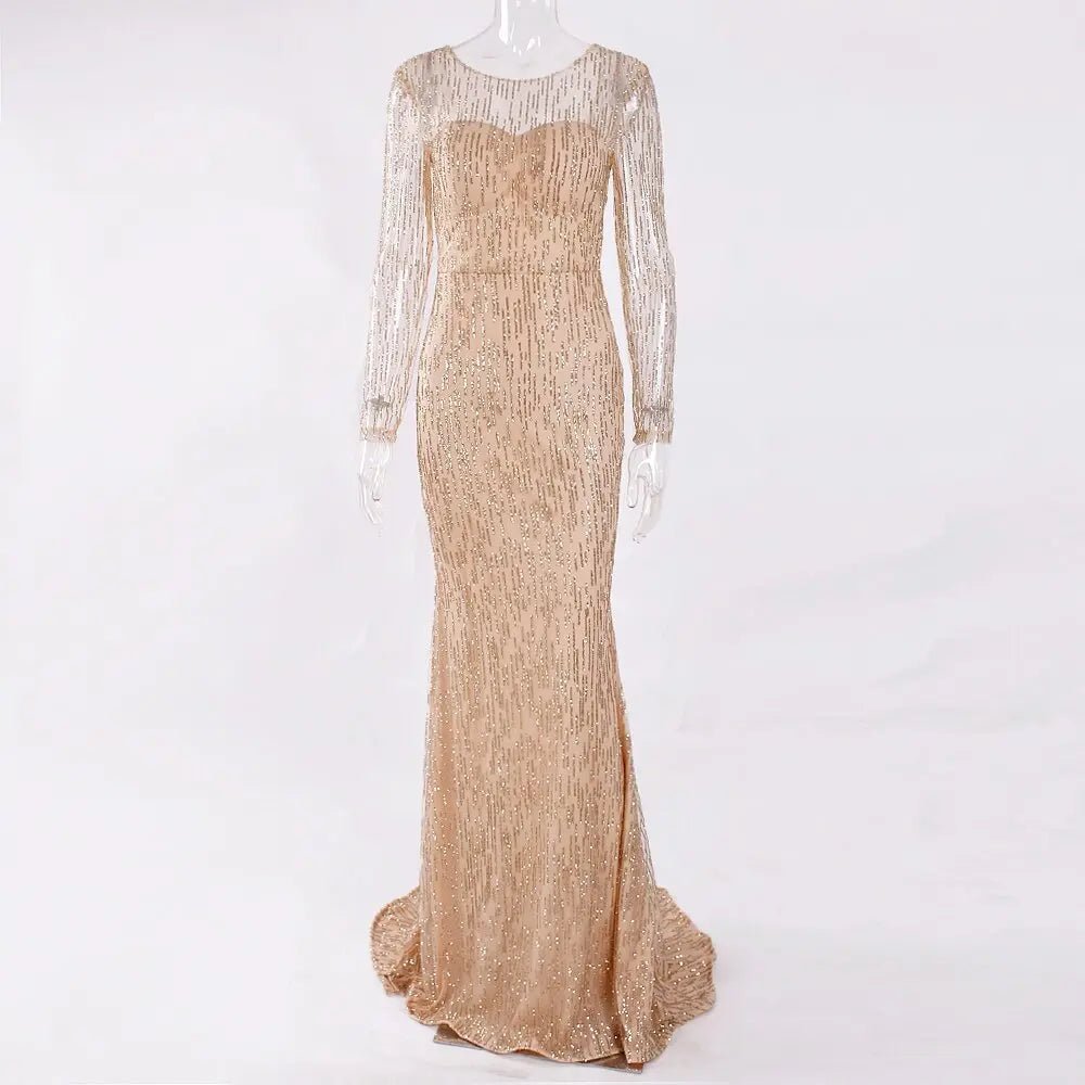 Gold Glittered Full Sleeved Floor Length Shiny Long Dress - Mscooco.co.uk
