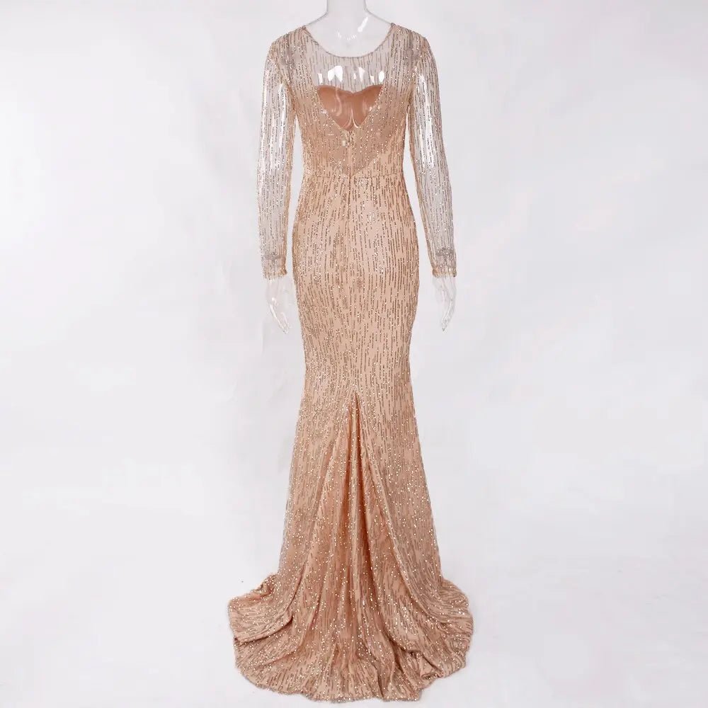 Gold Glittered Full Sleeved Floor Length Shiny Long Dress - Mscooco.co.uk