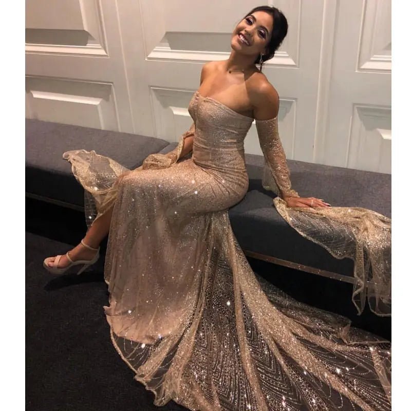Gold Glittered Slash Neck Elegant Maxi Dress - Mscooco.co.uk