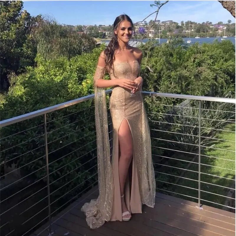 Gold Glittered Slash Neck Elegant Maxi Dress - Mscooco.co.uk