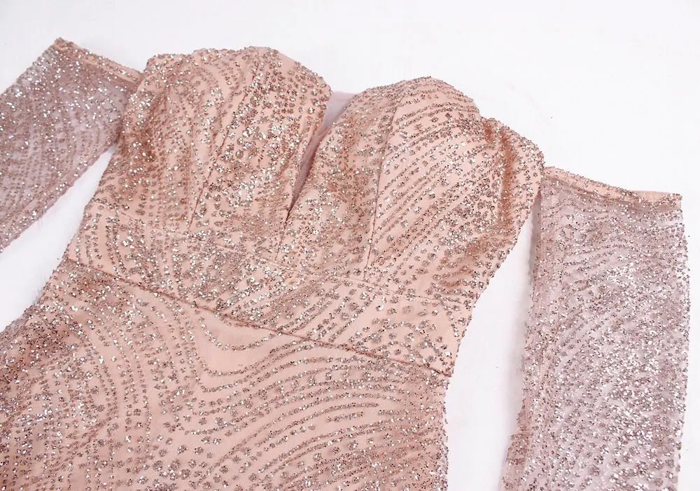 Gold Glittered Slash Neck Elegant Maxi Dress - Mscooco.co.uk