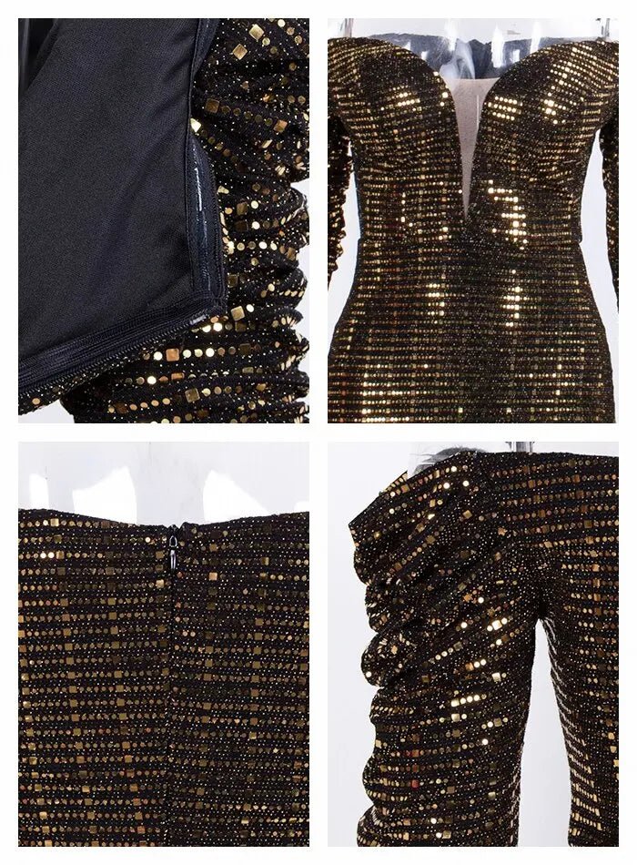 Gold Sequins Composite Bubble Long Sleeve Bodycon Maxi Dress - Mscooco.co.uk