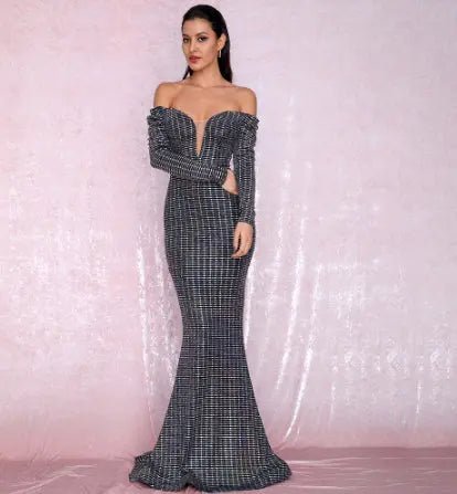 Gold Sequins Composite Bubble Long Sleeve Bodycon Maxi Dress - Mscooco.co.uk