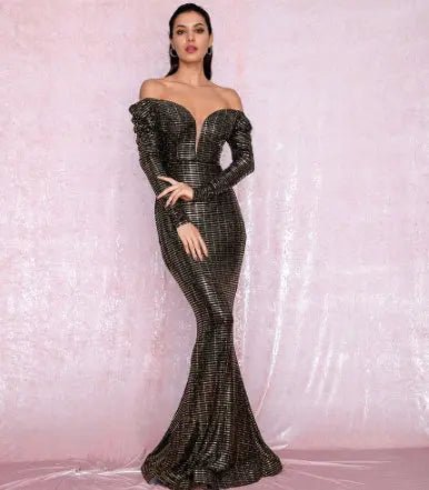 Gold Sequins Composite Bubble Long Sleeve Bodycon Maxi Dress - Mscooco.co.uk