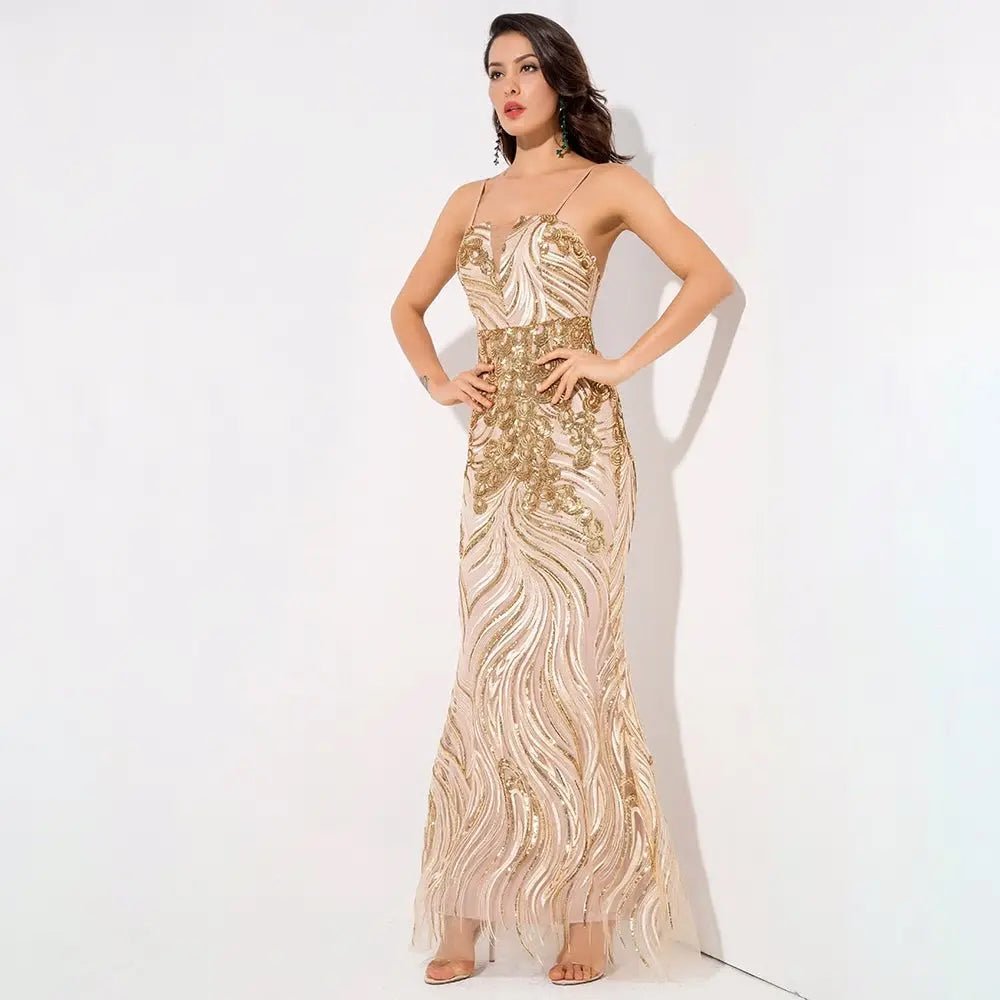 Gold Strapless Sequin Long Maxi Dress - Mscooco.co.uk