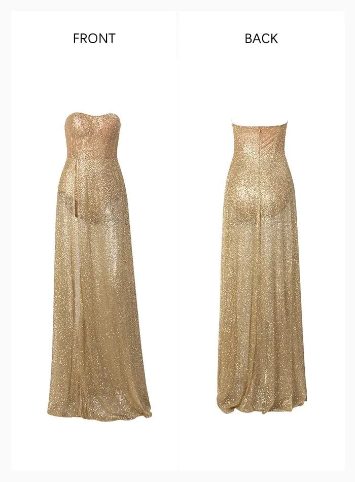 Gold Strapless Tube Top Glitter Material Split Poncho Maxi Dress - Mscooco.co.uk