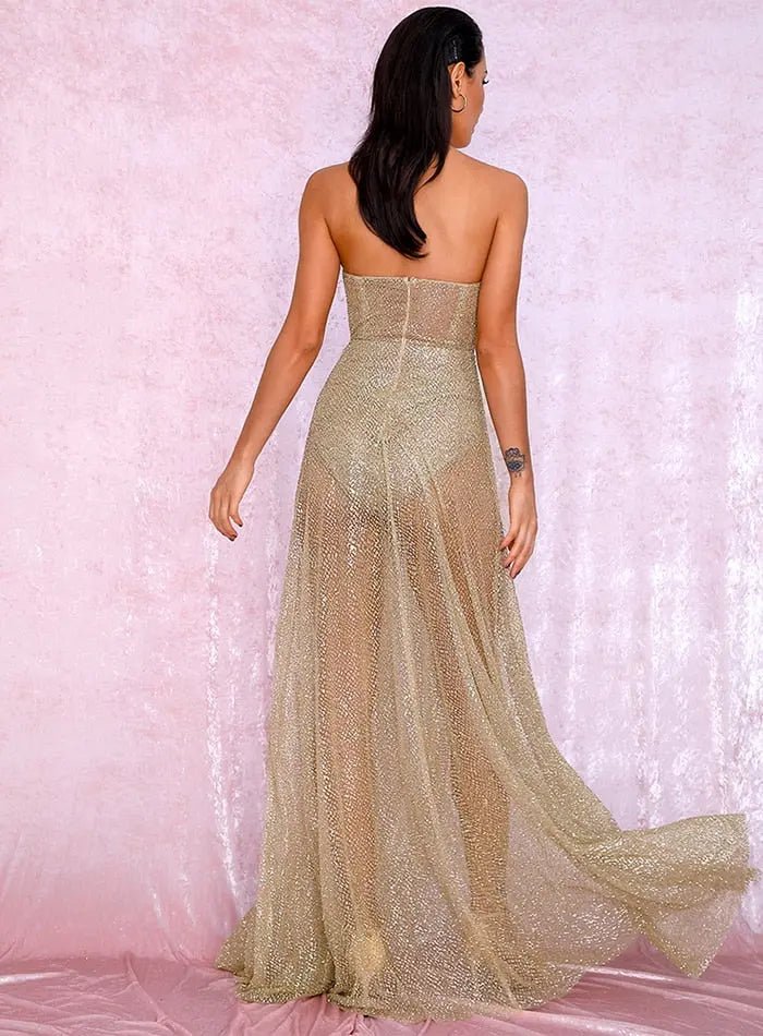 Gold Strapless Tube Top Glitter Material Split Poncho Maxi Dress - Mscooco.co.uk