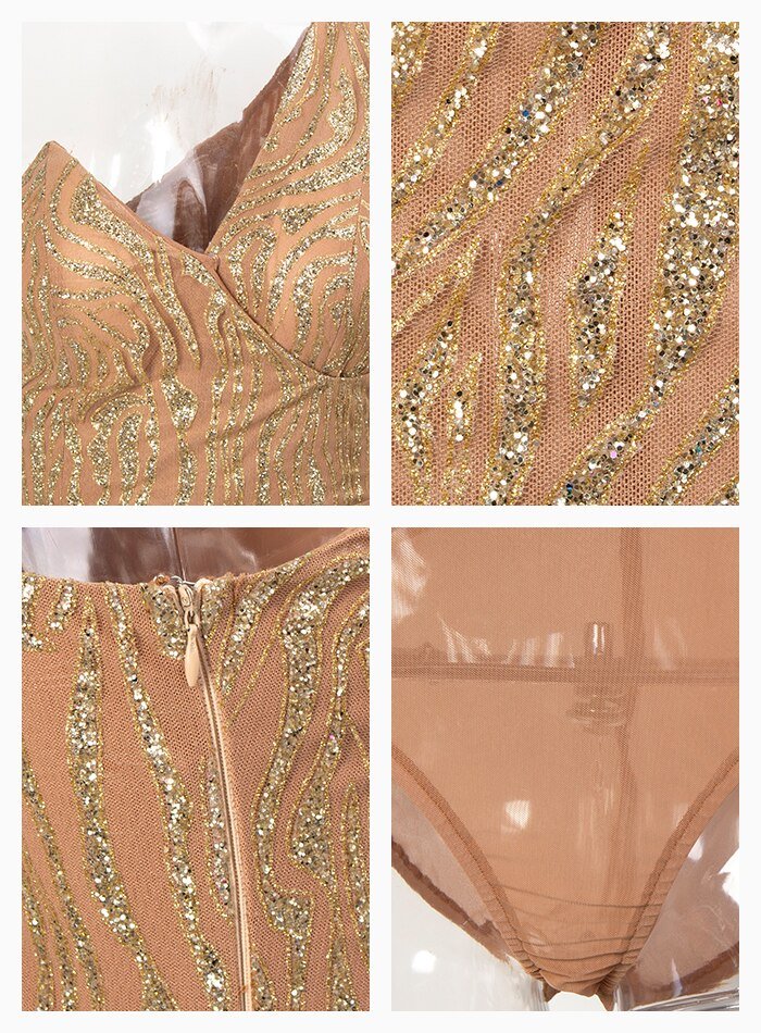 Gold V-neck Glitter Glue Bead Material Bodycon Mini Dress - Mscooco.co.uk