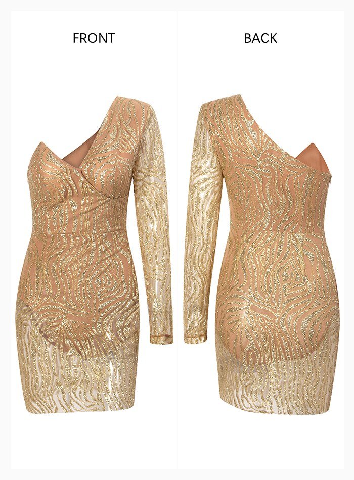 Gold V-neck Glitter Glue Bead Material Bodycon Mini Dress - Mscooco.co.uk