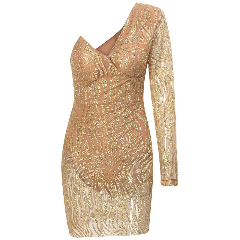 Gold V-neck Glitter Glue Bead Material Bodycon Mini Dress - Mscooco.co.uk
