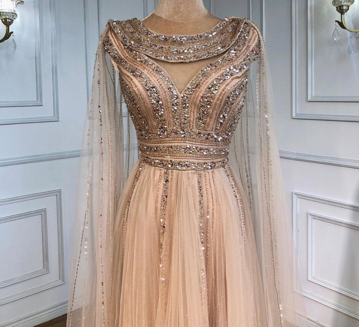 Grace Cape Sleeve Beading Long Dress - Mscooco.co.uk