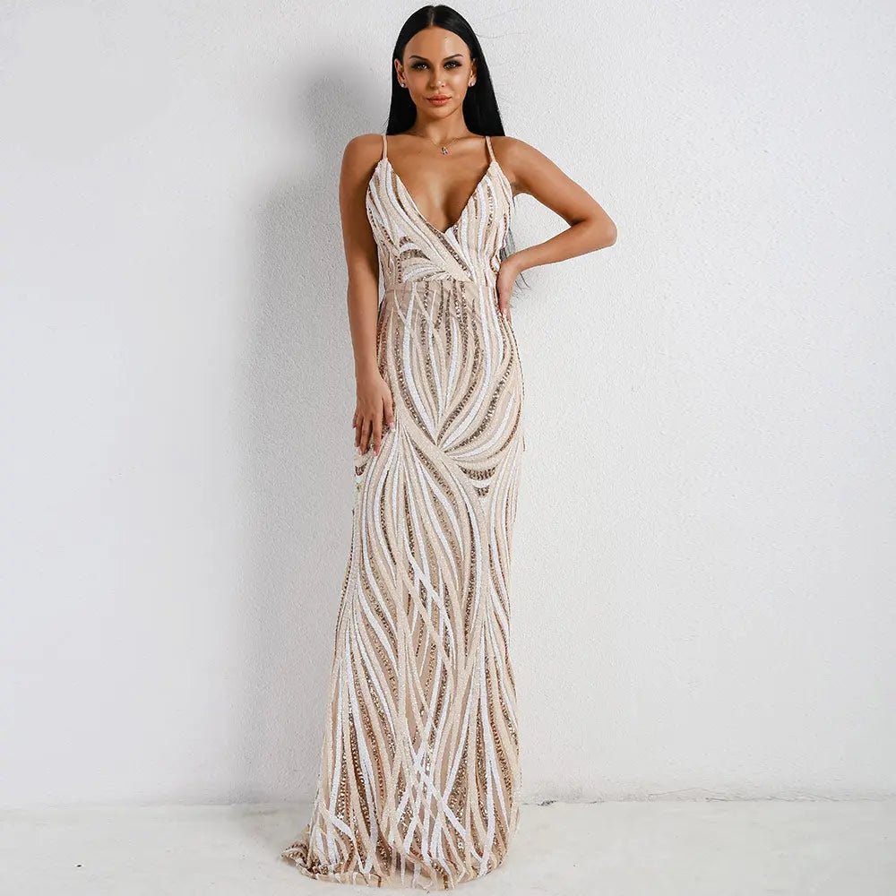 Graceful V Neck Sequin Maxi Dress - Mscooco.co.uk