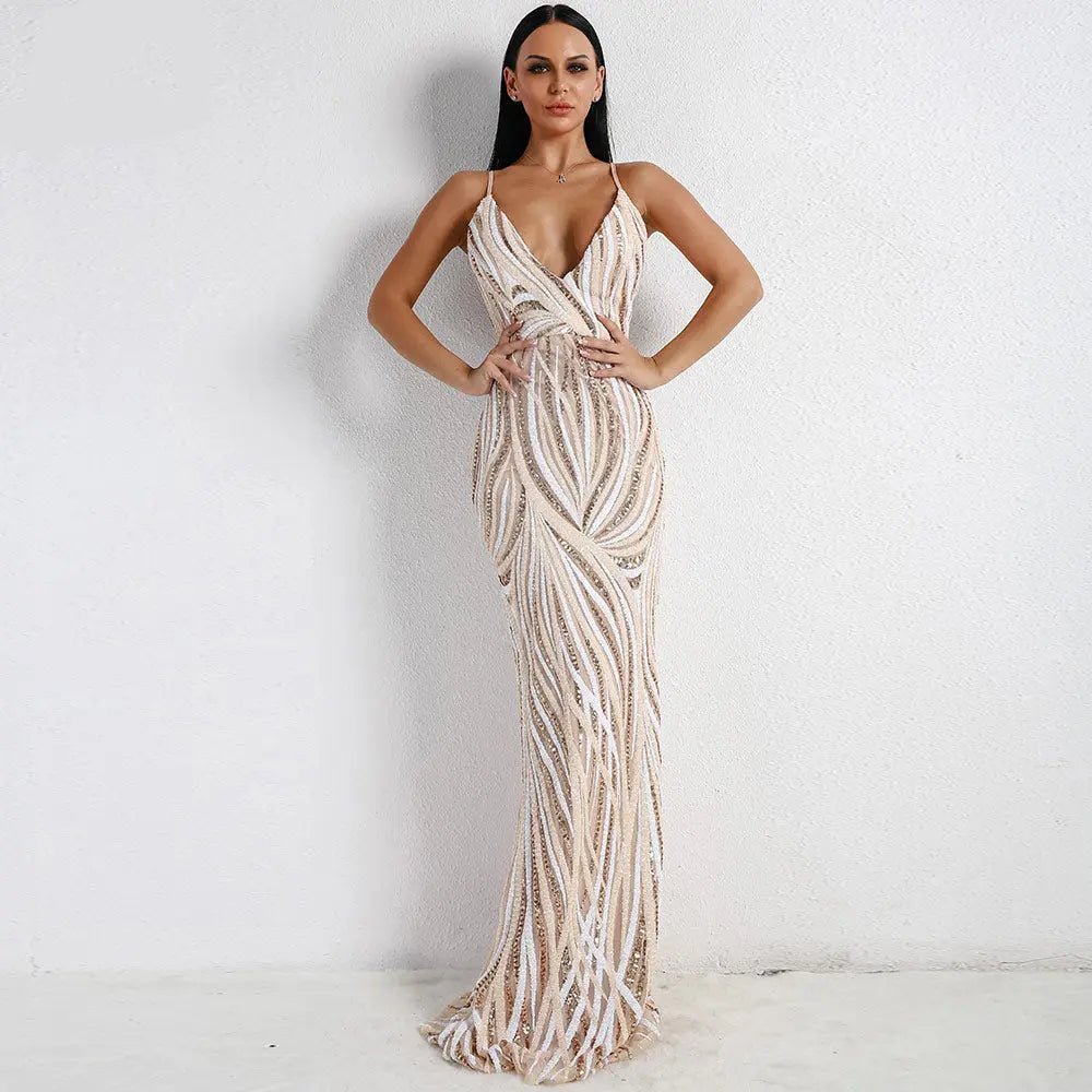 Graceful V Neck Sequin Maxi Dress - Mscooco.co.uk