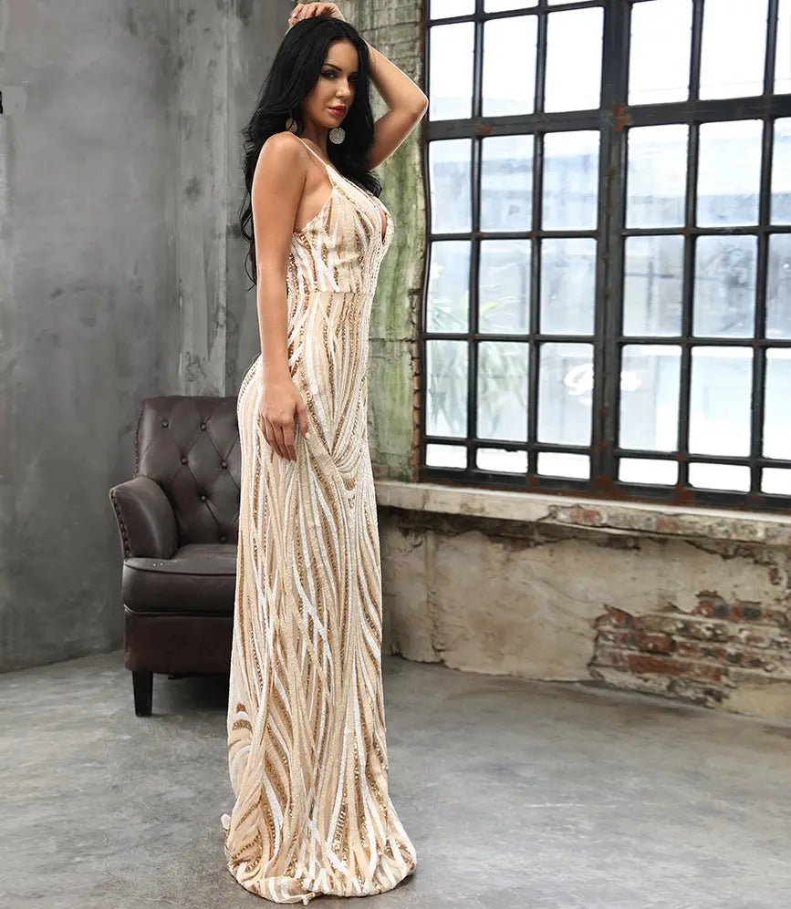 Graceful V Neck Sequin Maxi Dress - Mscooco.co.uk