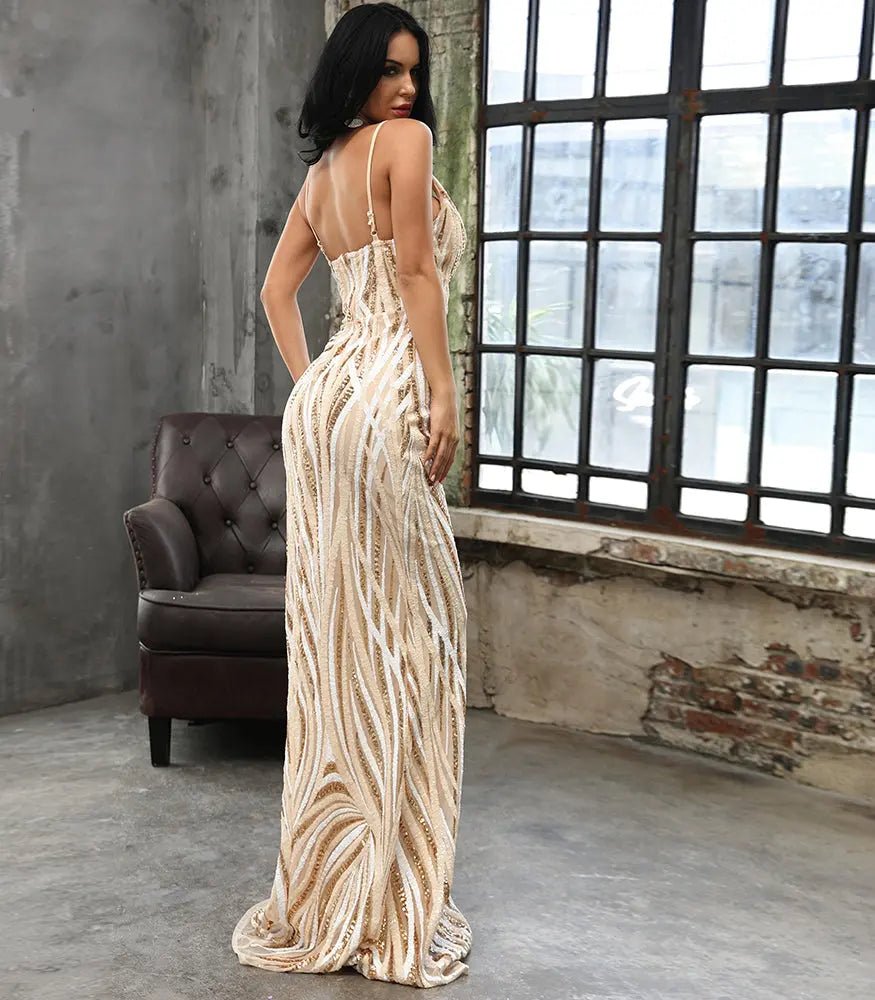 Graceful V Neck Sequin Maxi Dress - Mscooco.co.uk