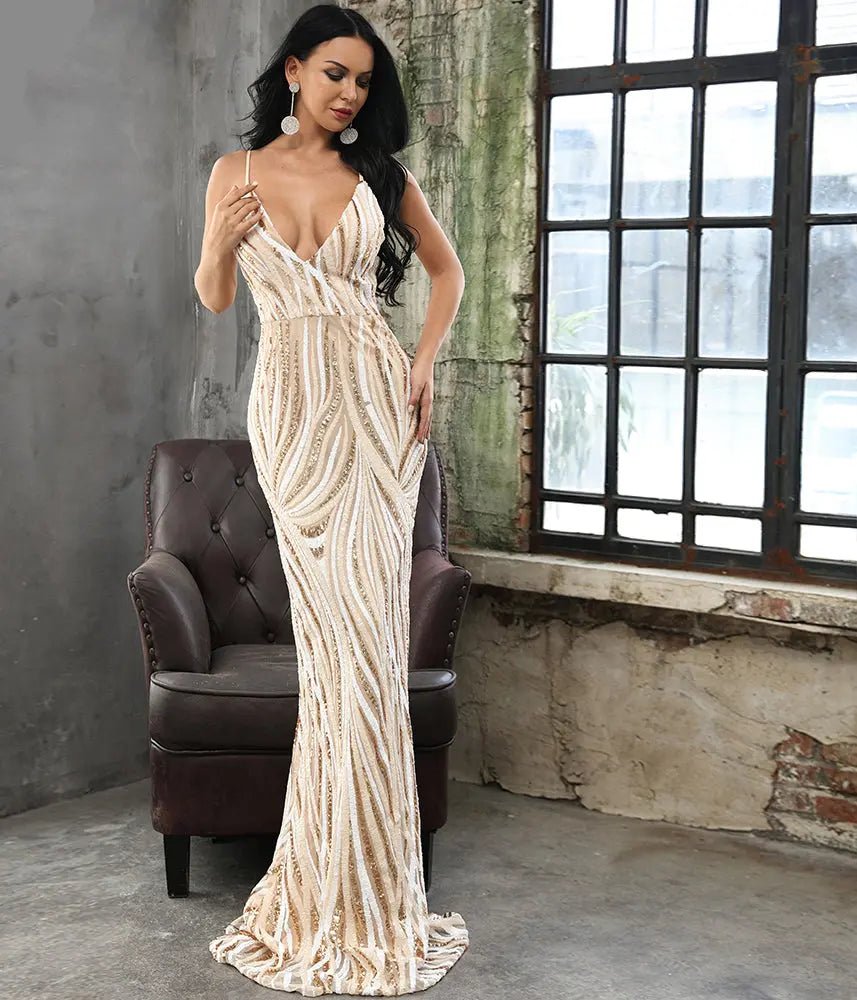 Graceful V Neck Sequin Maxi Dress - Mscooco.co.uk