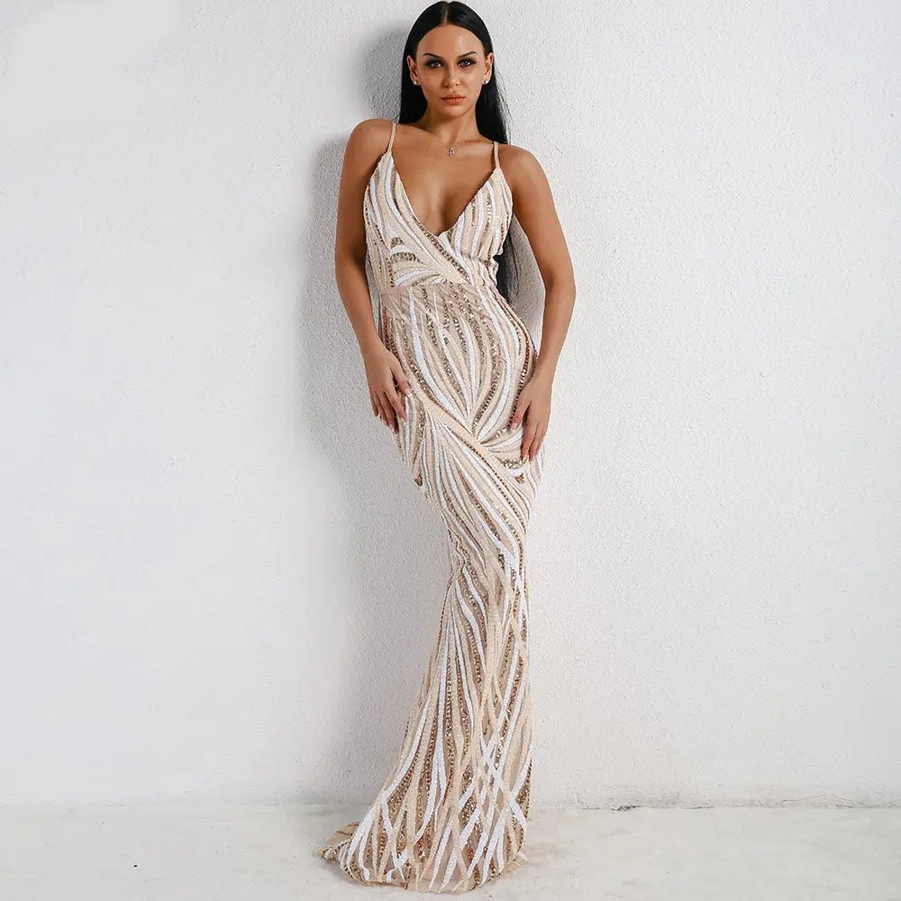 Graceful V Neck Sequin Maxi Dress - Mscooco.co.uk