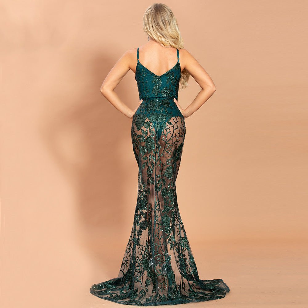Green Backless Glitter High Slit Maxi Dress - Mscooco.co.uk