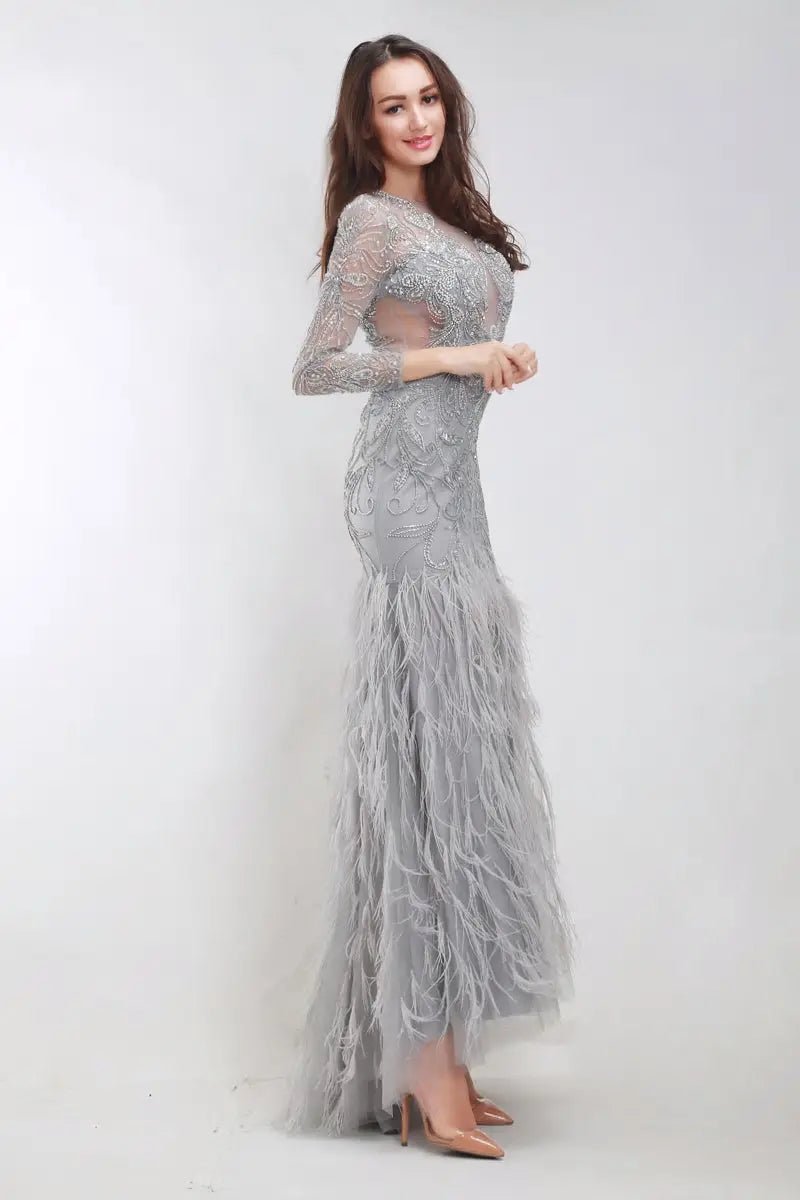 Grey Beading Embroidered Long sleeves Maxi Dress - Mscooco.co.uk