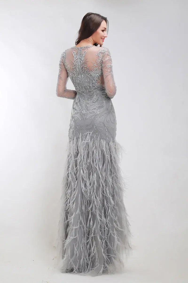 Grey Beading Embroidered Long sleeves Maxi Dress - Mscooco.co.uk