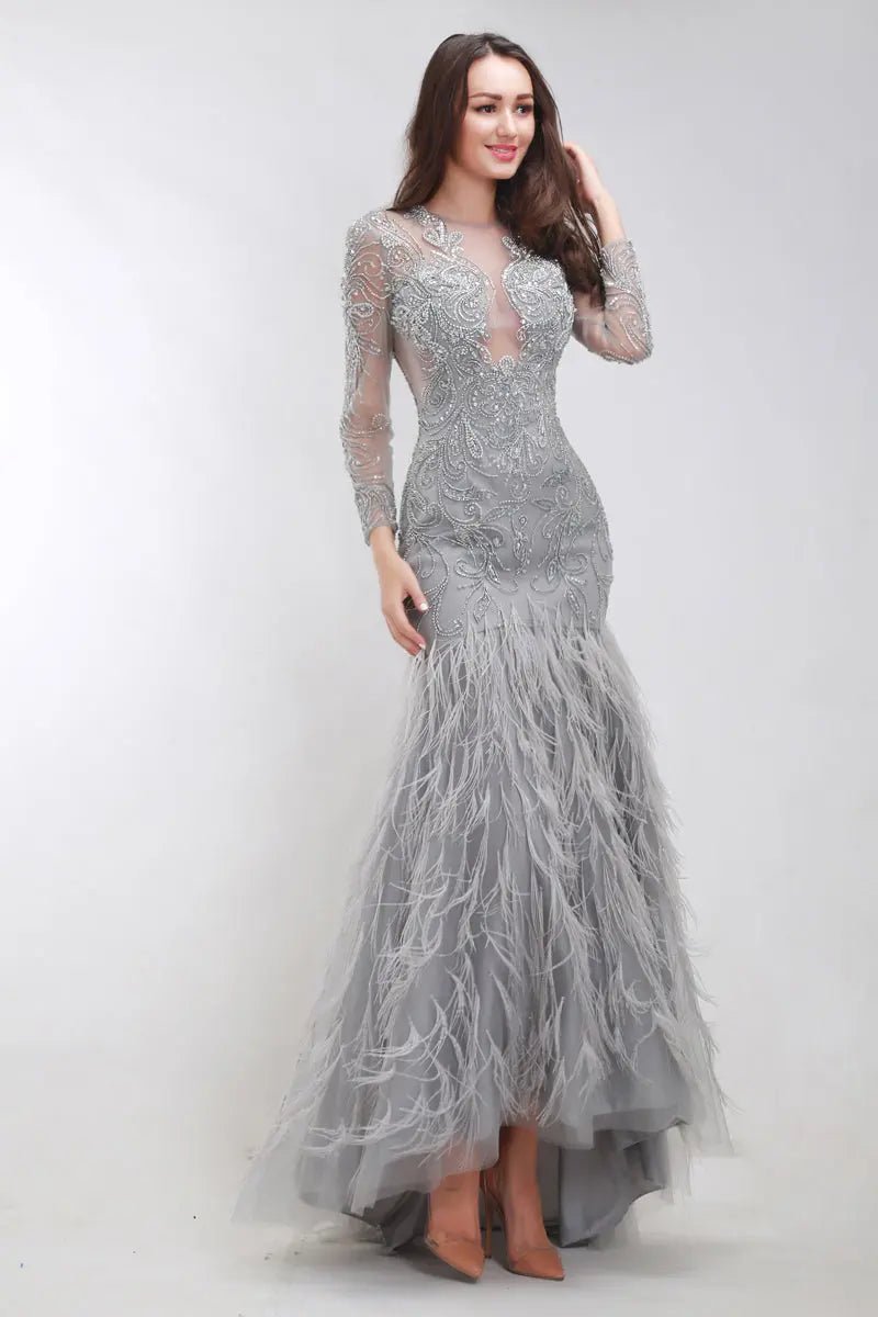 Grey Beading Embroidered Long sleeves Maxi Dress - Mscooco.co.uk