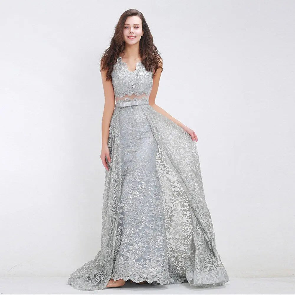 Grey V Neck Beading Glitter Maxi Dress - Mscooco.co.uk