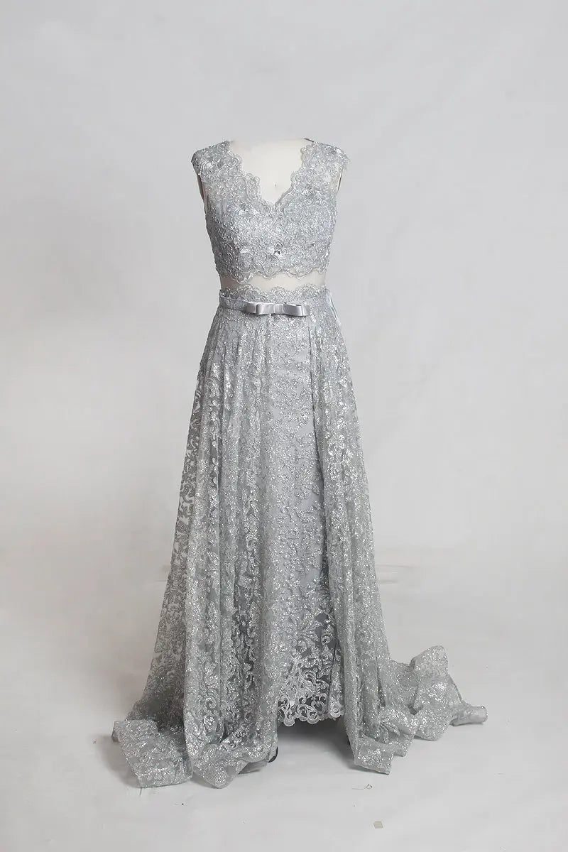 Grey V Neck Beading Glitter Maxi Dress - Mscooco.co.uk