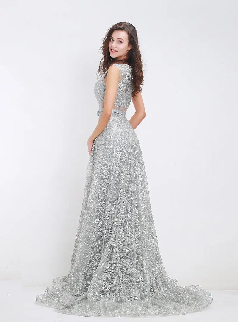 Grey V Neck Beading Glitter Maxi Dress - Mscooco.co.uk