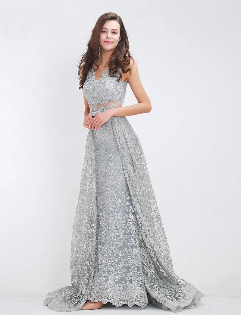 Grey V Neck Beading Glitter Maxi Dress - Mscooco.co.uk