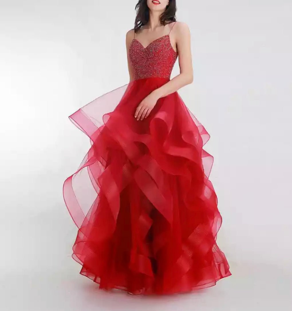 Haleh Red Spaghetti Strap Lace Up Back With Beading Ruffles Dress - Mscooco.co.uk