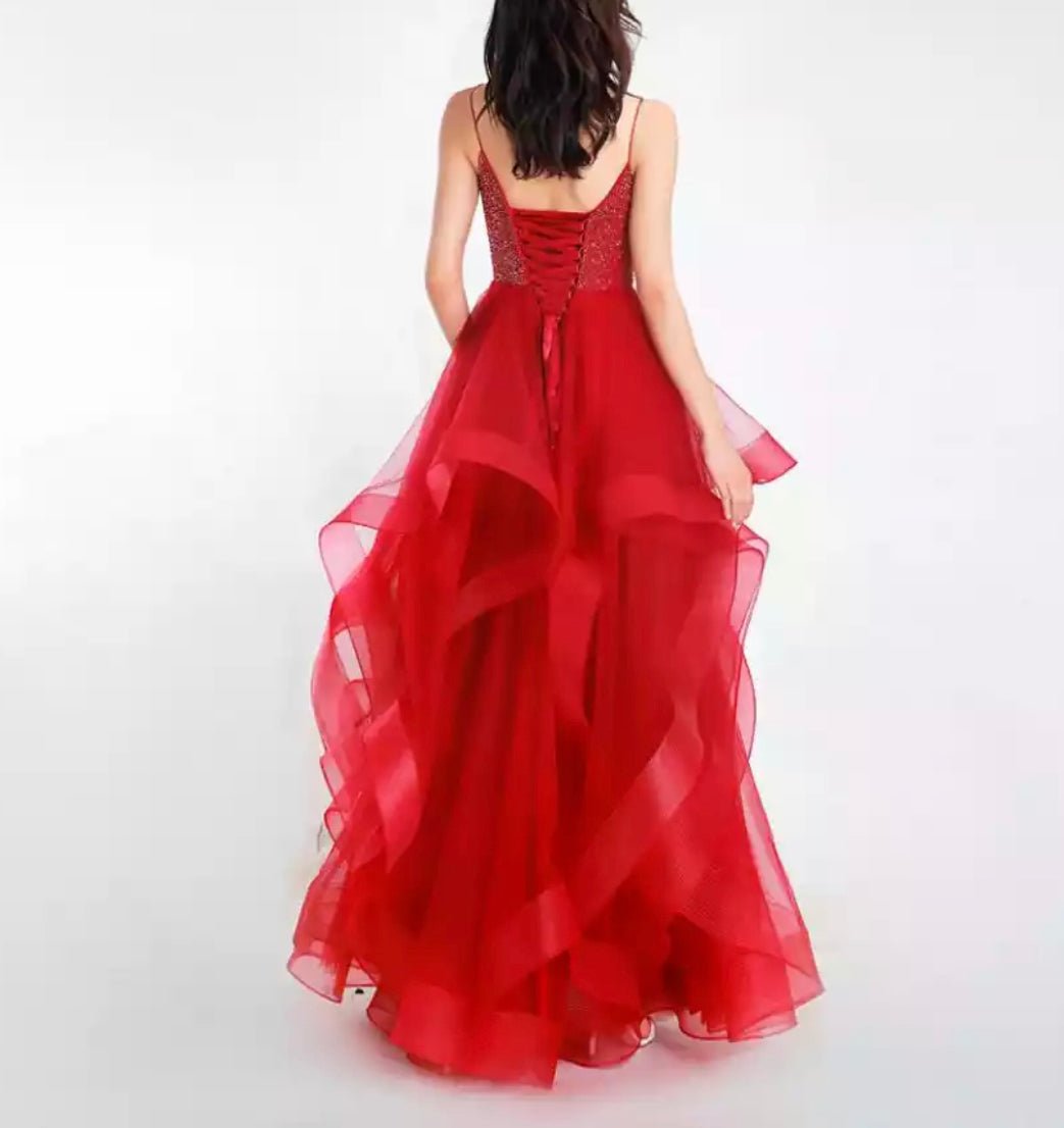 Haleh Red Spaghetti Strap Lace Up Back With Beading Ruffles Dress - Mscooco.co.uk