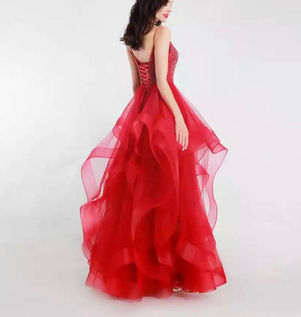 Haleh Red Spaghetti Strap Lace Up Back With Beading Ruffles Dress - Mscooco.co.uk