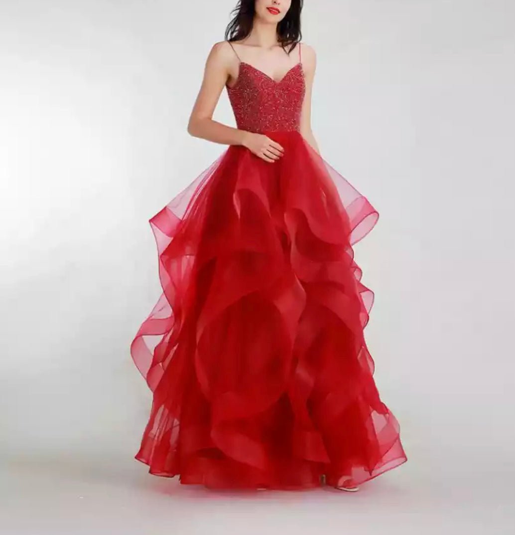 Haleh Red Spaghetti Strap Lace Up Back With Beading Ruffles Dress - Mscooco.co.uk