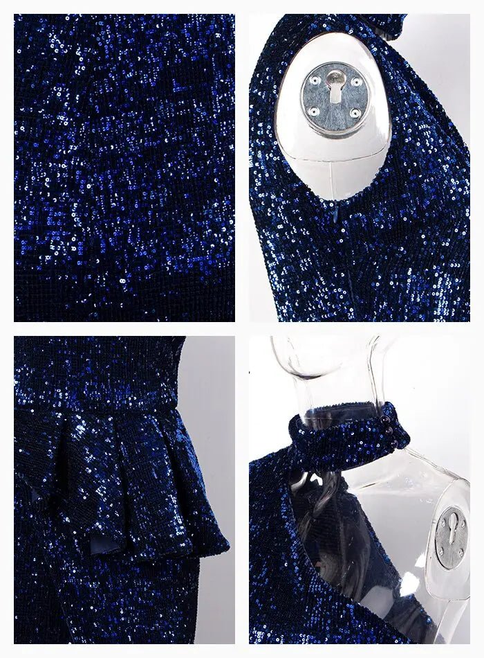 Halter Strapless Shoulders Ruffled Split Elastic Sequins Maxi Dress - Mscooco.co.uk