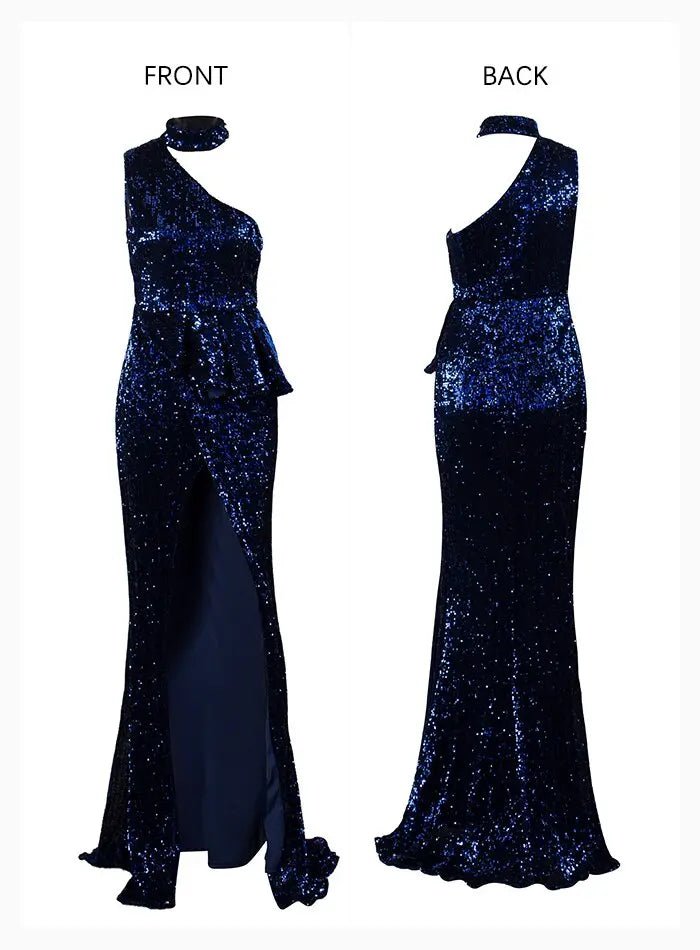Halter Strapless Shoulders Ruffled Split Elastic Sequins Maxi Dress - Mscooco.co.uk