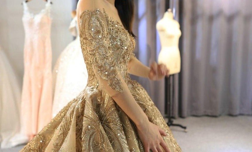 Heavy beading work golden wedding dress - Mscooco.co.uk