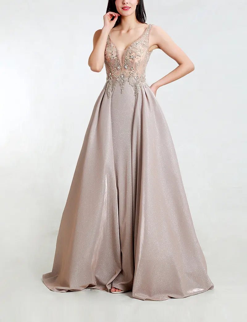 Illusion Beading Backless A-line Dress - Mscooco.co.uk