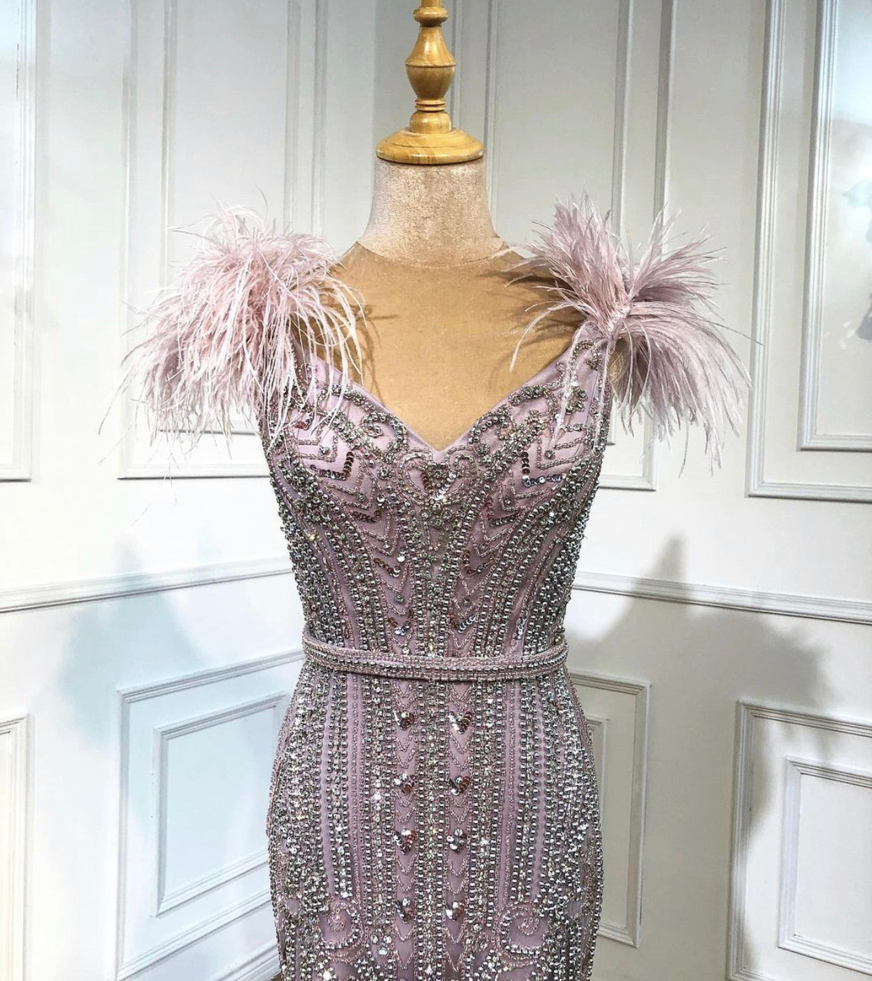 Sabah Lilac Beading Feathers Mermaid Evening Dress Mscooco.co.uk
