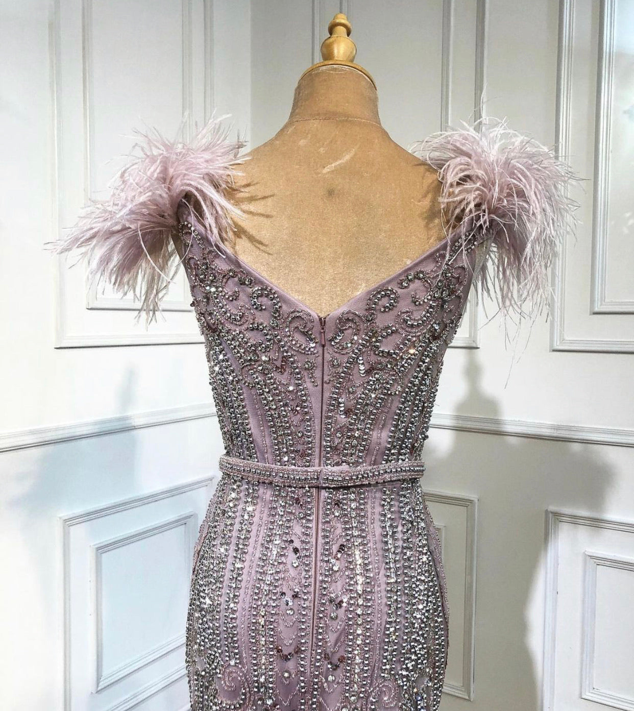 Sabah Lilac Beading Feathers Mermaid Evening Dress Mscooco.co.uk