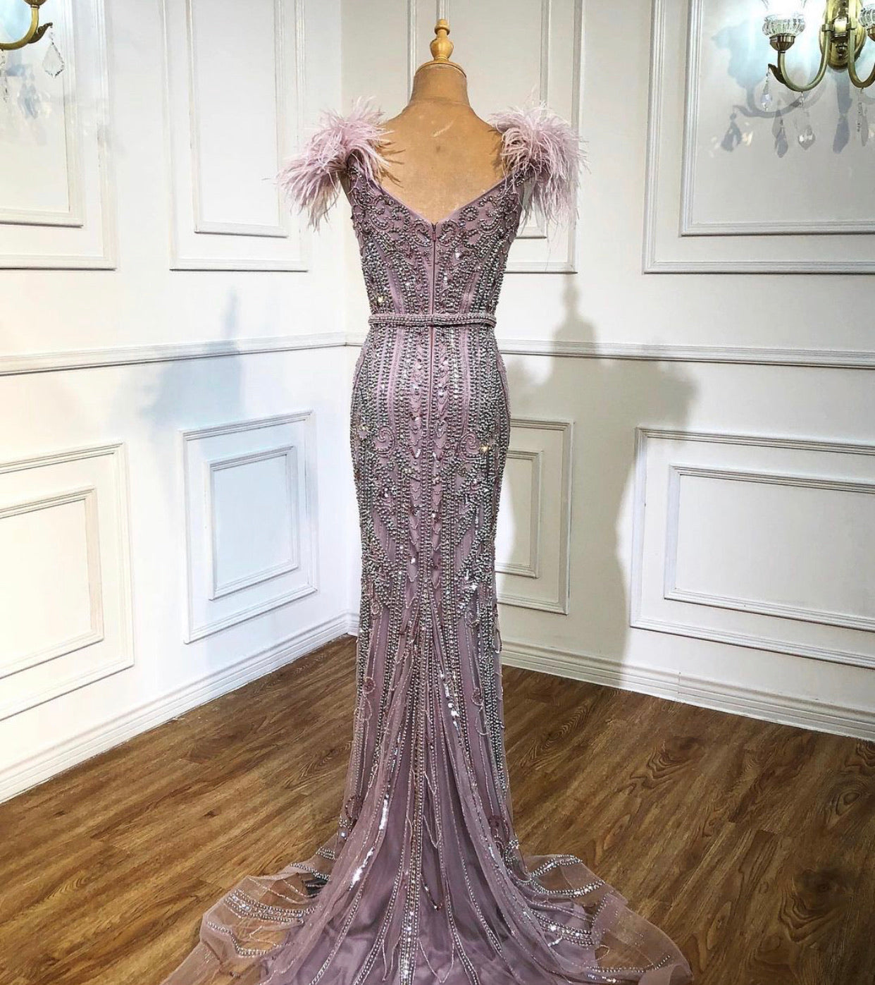 Sabah Lilac Beading Feathers Mermaid Evening Dress Mscooco.co.uk